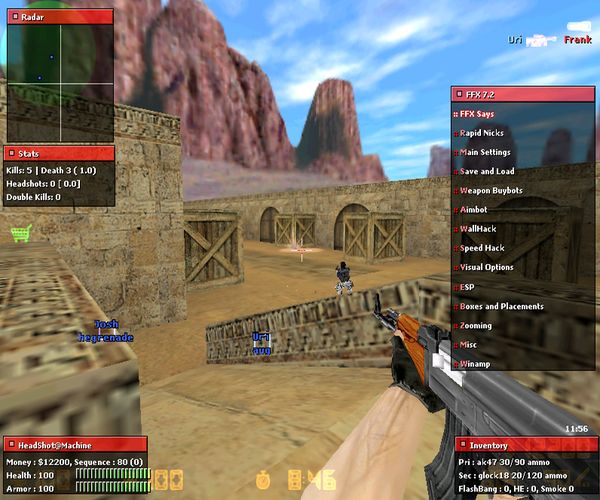 Aqui tienen este maravilloso hack para el CS 1.6, el Figther FX 7.2. Para activarlo pulsad Supr